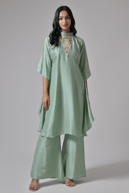 Silk Pista Green embroidered Palazzo Kurta 